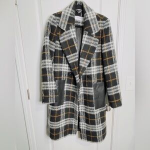 Calvin Klein Plaid Double Breasted Coat Faux Leather Pockets
